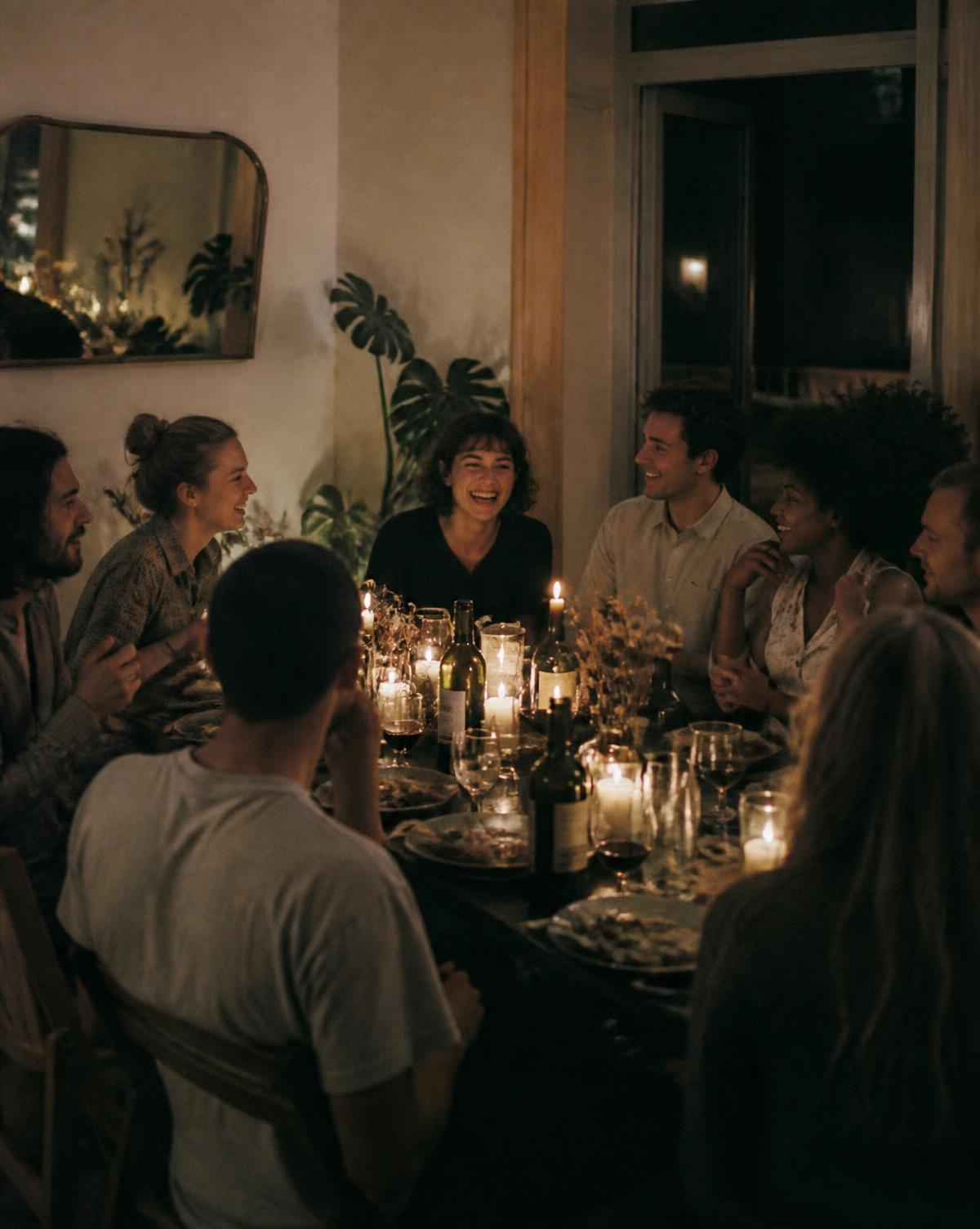 A candlelit dinner party with guests around a long table