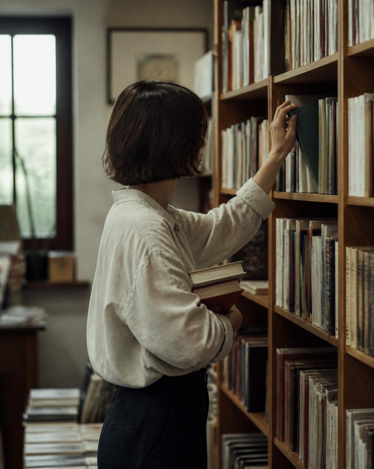 A person pulling a novel from a wooden shelf in a small independent bookshop