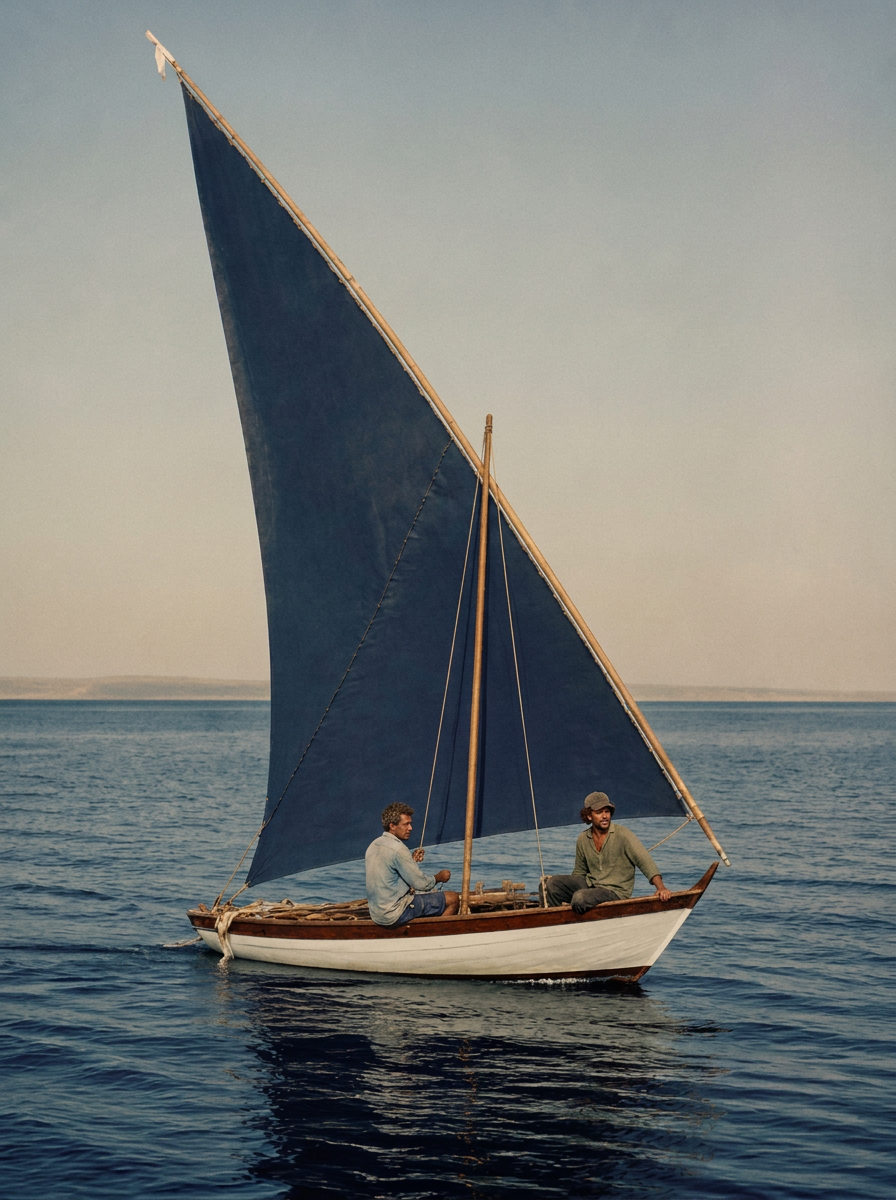 A wooden sailboat with a navy sail on calm water
