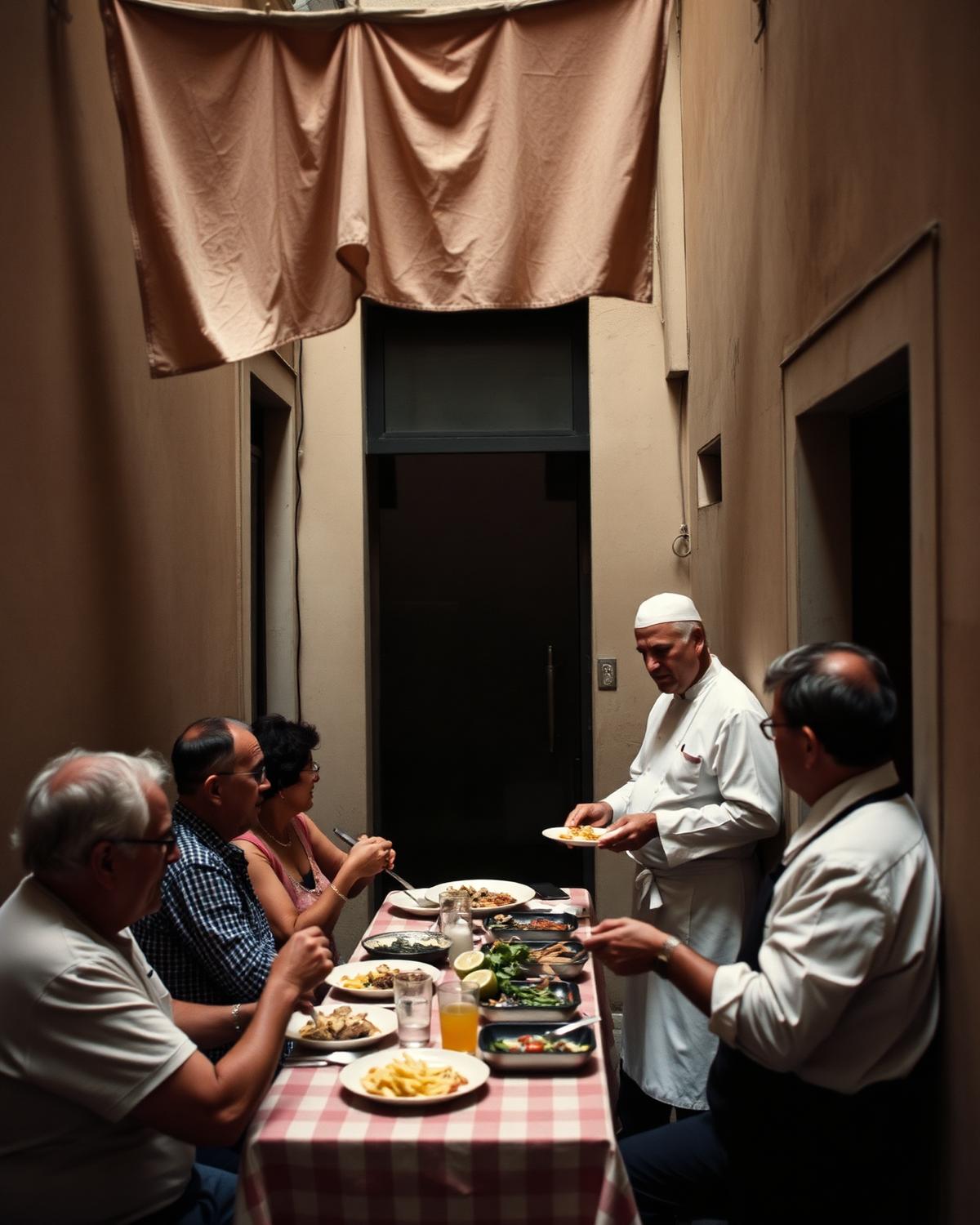 Neighbours sharing a long meal in a narrow courtyard