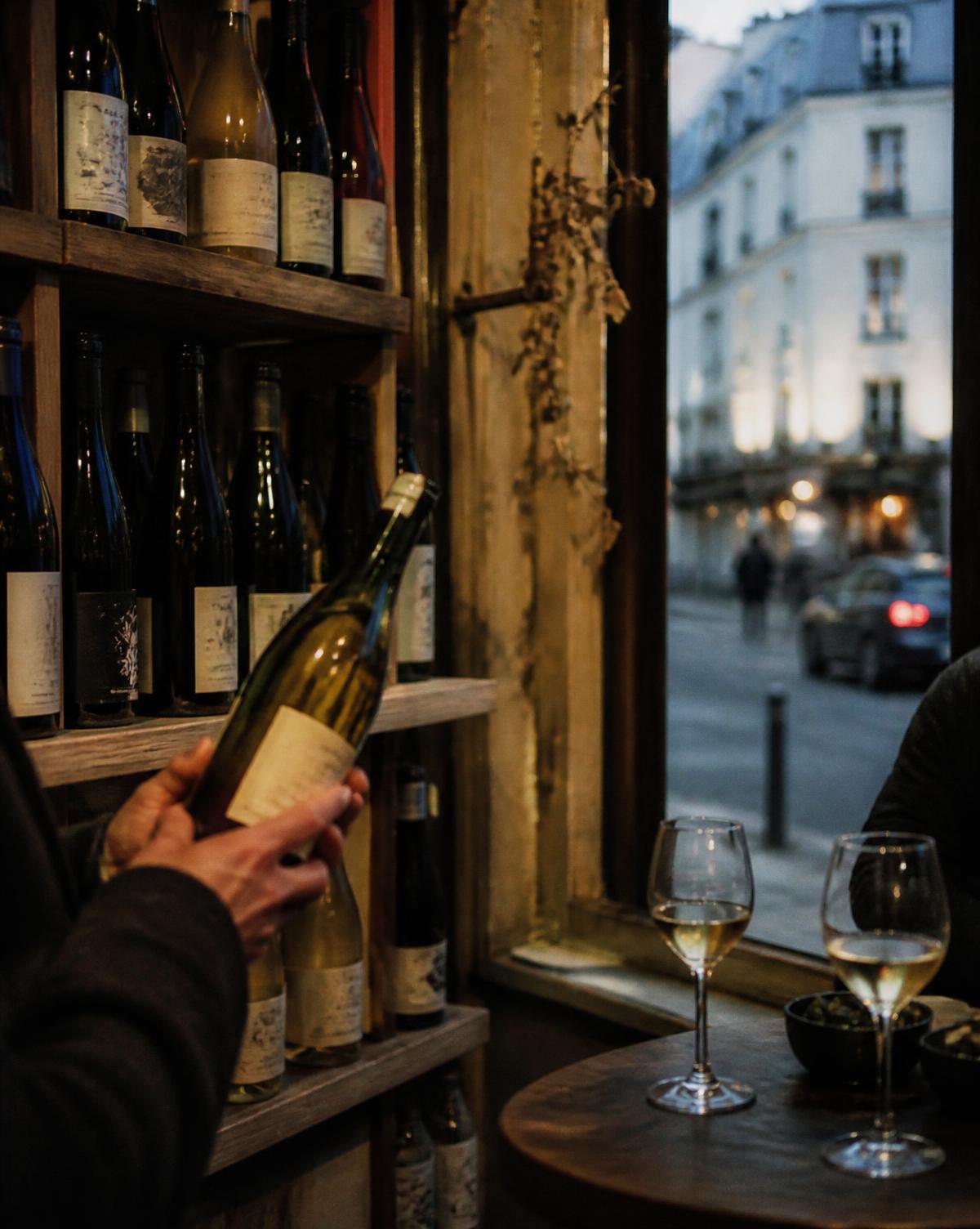 Hands holding a bottle of white wine beside shelves in a small neighbourhood wine shop